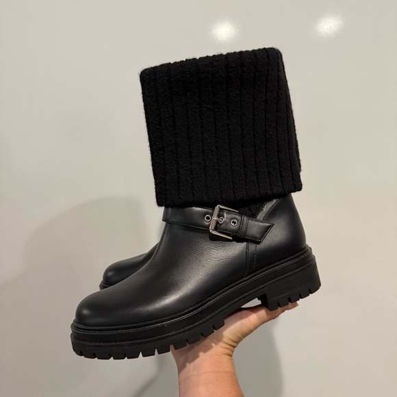 Gianvito Rossi Thurso Knit Collar Moto Combat Leather Boots - Picture 9 of 16